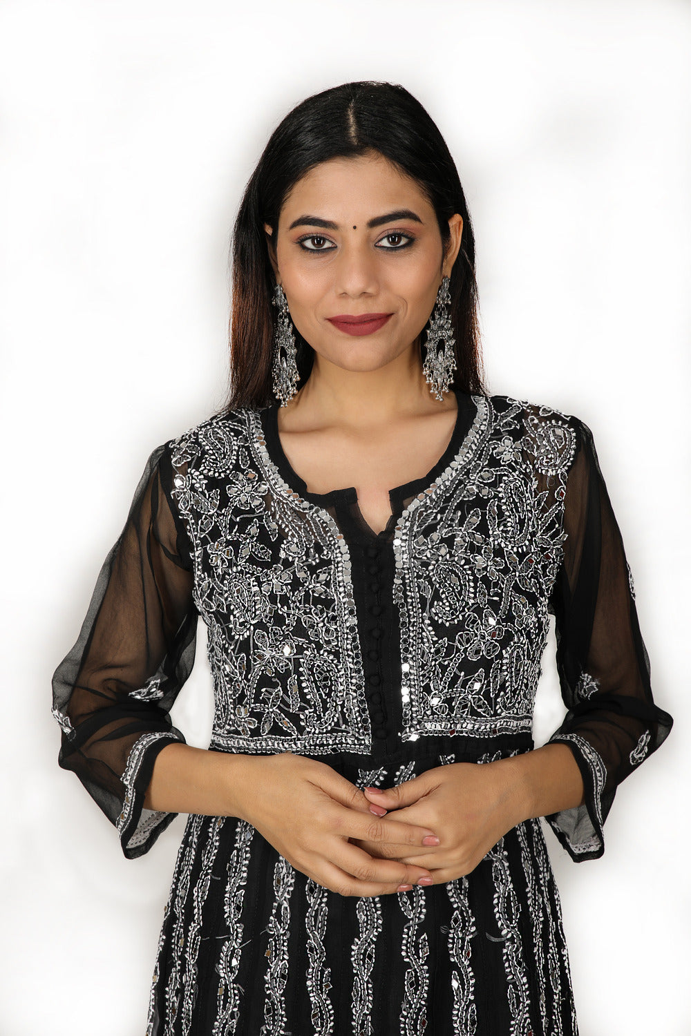 Chikankari Anarkali Suit With Dupatta & Inner - Black