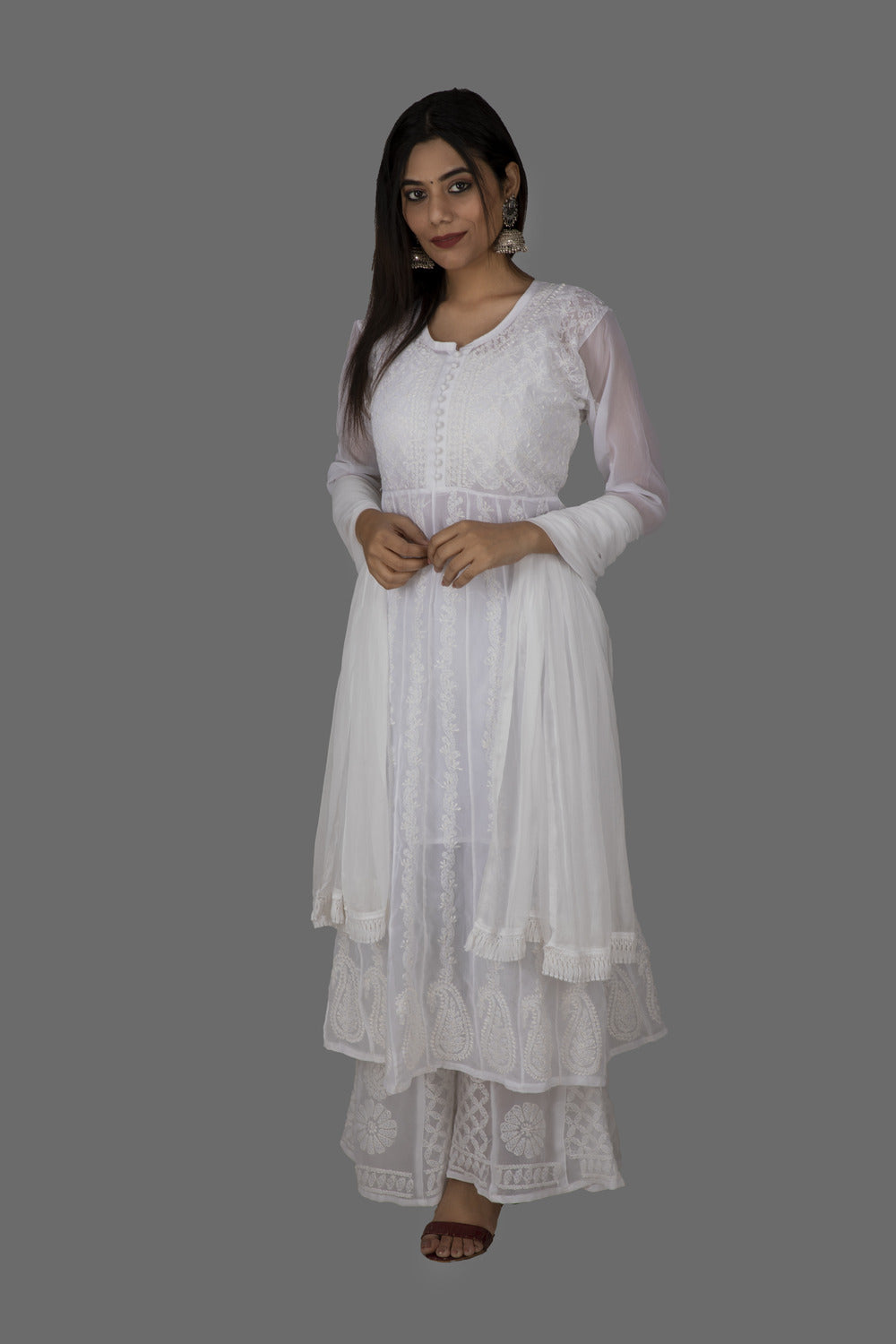 Chikankari Anarkali Suit With Dupatta & Inner - White