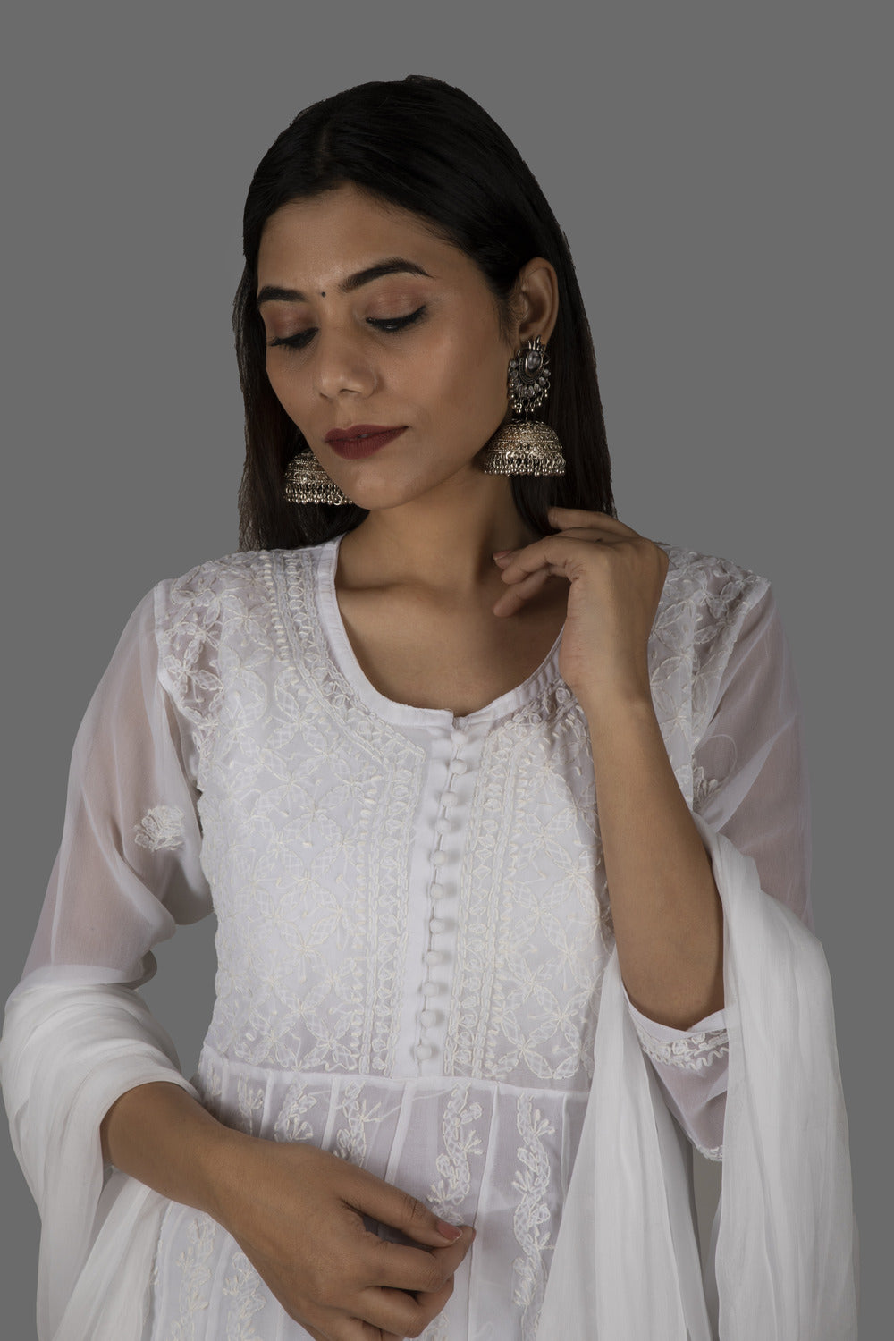 Chikankari Anarkali Suit With Dupatta & Inner - White