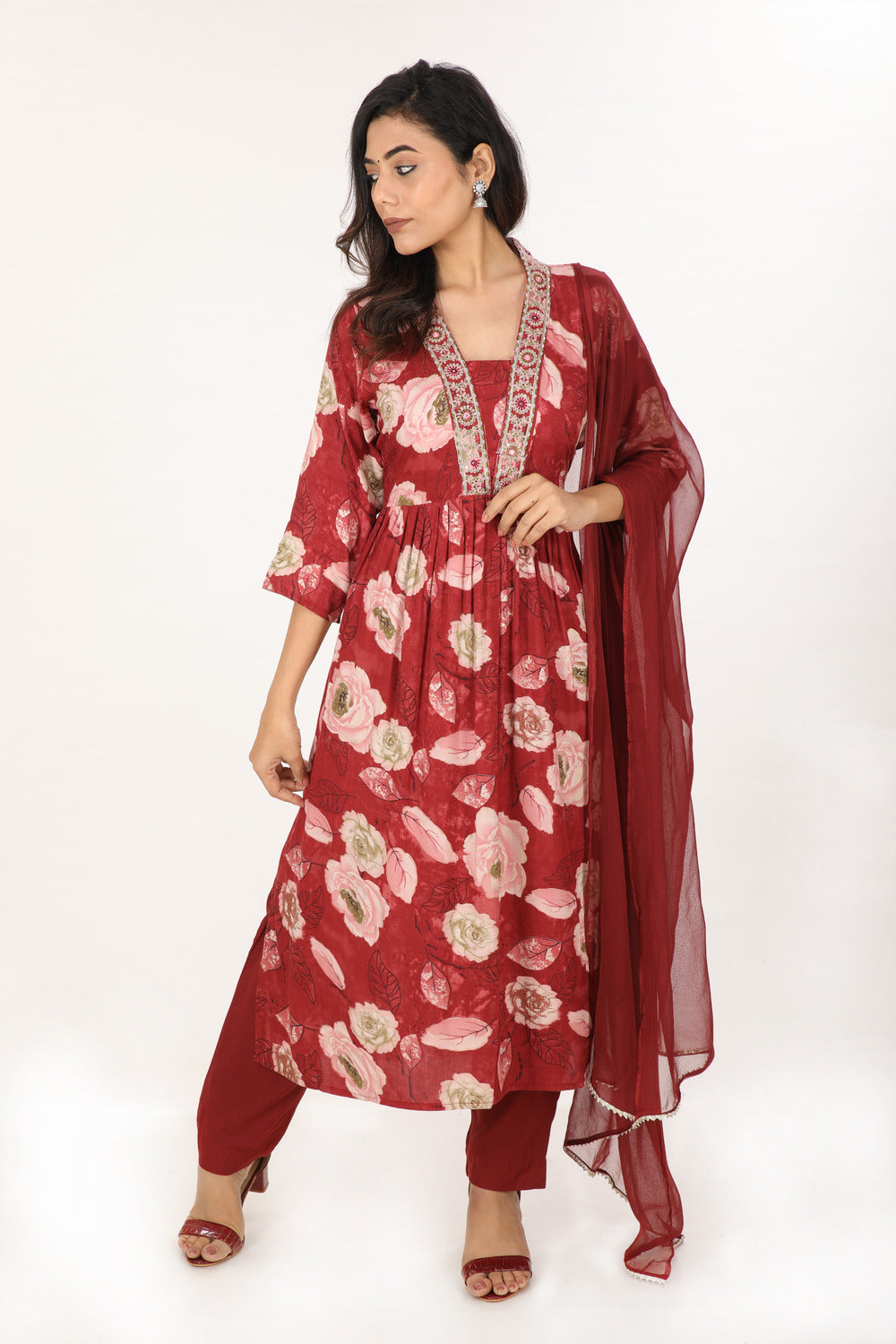 Nyra Cut Straight Suit Set With Dupatta - Wine Red