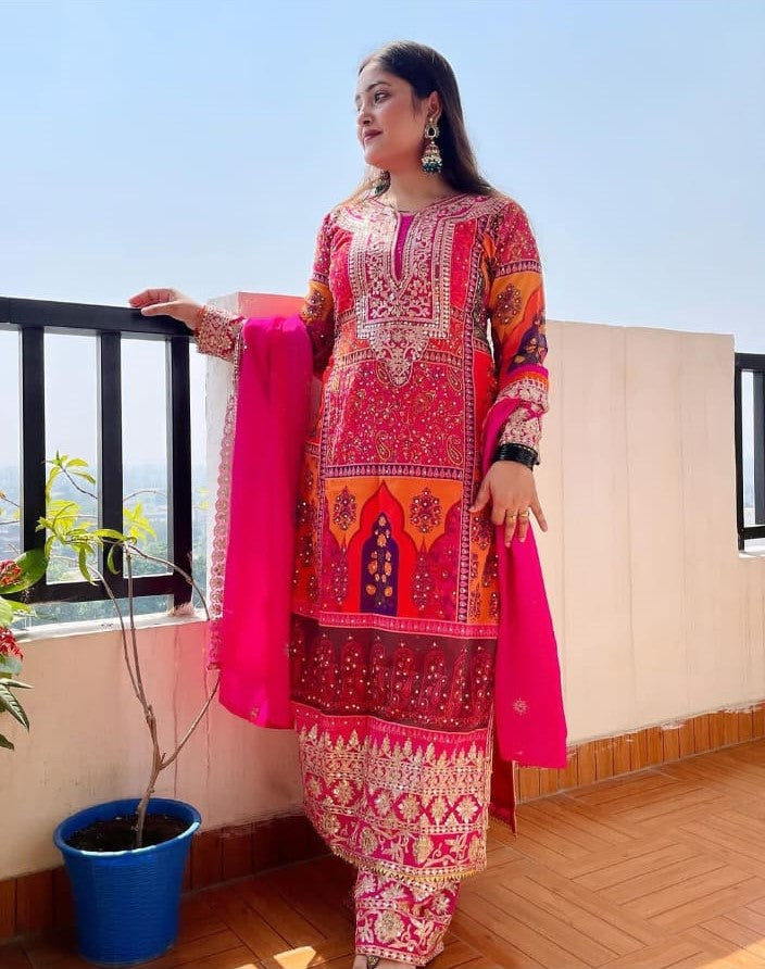 Pakistani Style Suit With Dupatta - Multi Color