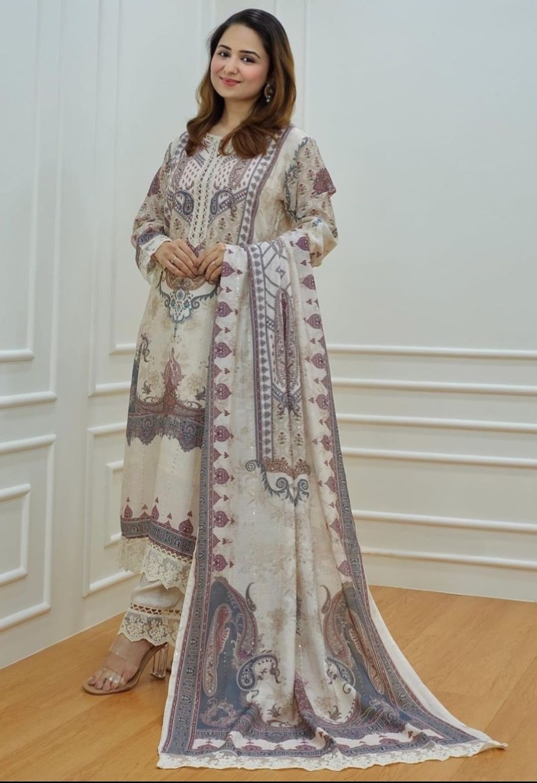 Pakistani Style Suit With Dupatta - Ivory